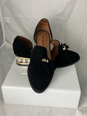 Jeffrey Campbell Black Suede Tassel Loafers with Pearl-Embellished Heel